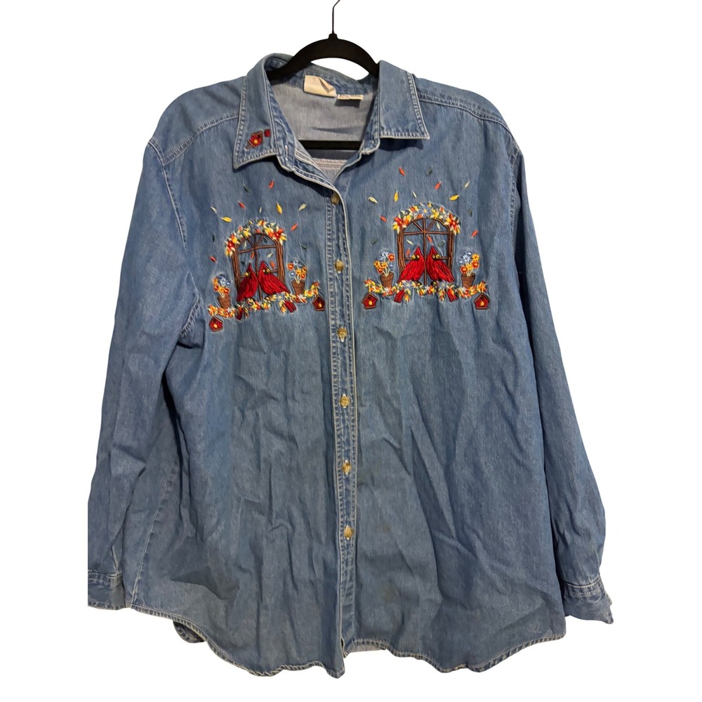 Bobbie Brooks Vintage Denim Shirt Cottagecore Blue Embroidered Cardinal XL